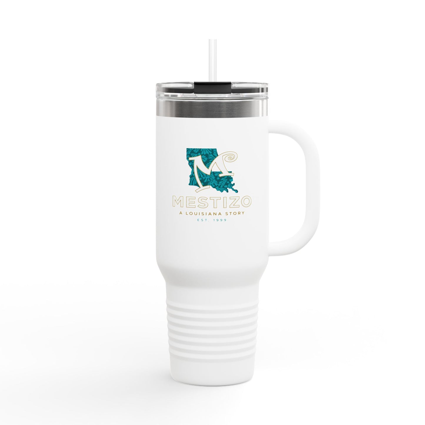 40oz Insulated Travel Mug — Mestizo Logo Stainless Tumbler with Straw & Handle